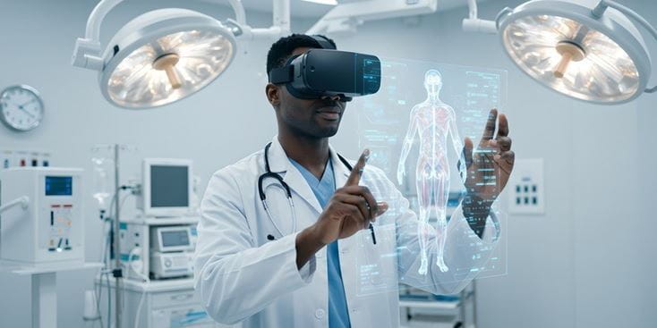 Doctor wearing a VR headset interacts with a holographic human anatomy display in a modern medical operating room.